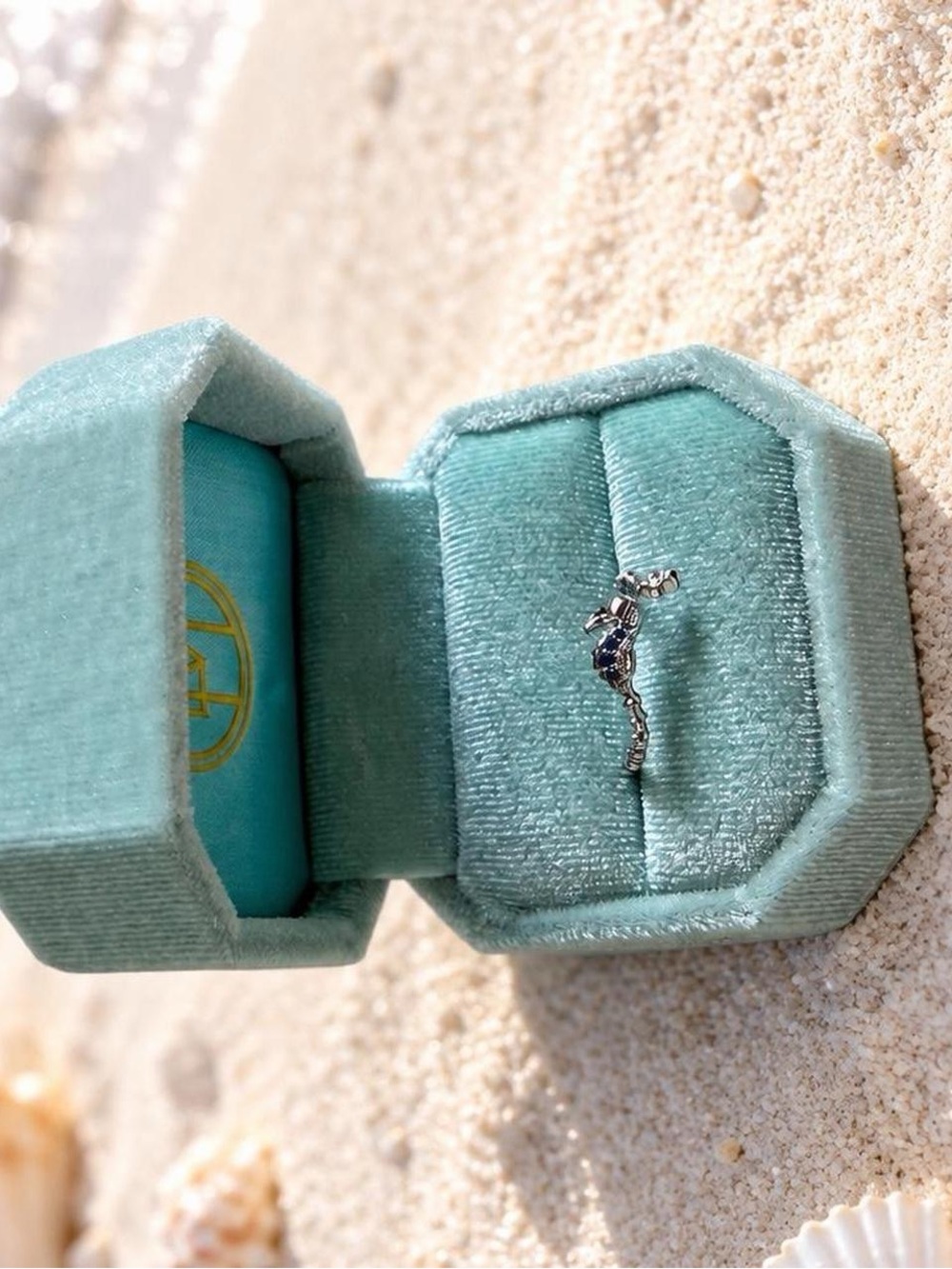 Silver Tone Blue Crystal Seahorse Ring